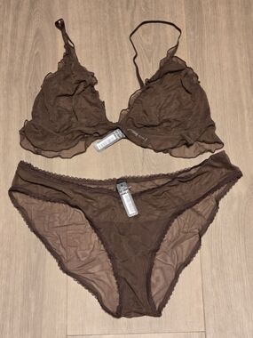 NWT BootyBag Sheer Brown Lingerie Set - Bralette & Bikini Briefs - Size XL